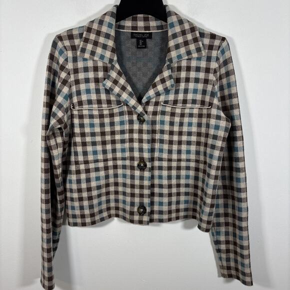 Rachel Zoe Button Up Cardigan Shacket Sweater Blazer Brown Plaid Large Fall - Picture 8 of 8